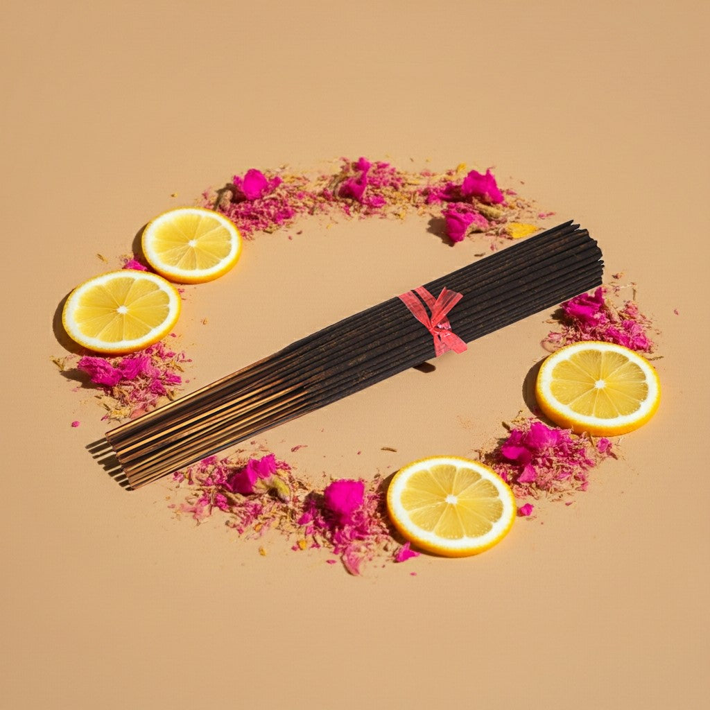 Pink Lemonade Incense Sticks with lemon slices and pink flowers on a beige background