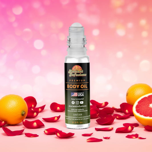 Pink Psy body oil bottle standing on soft pink platform with tropical fruits and petals.