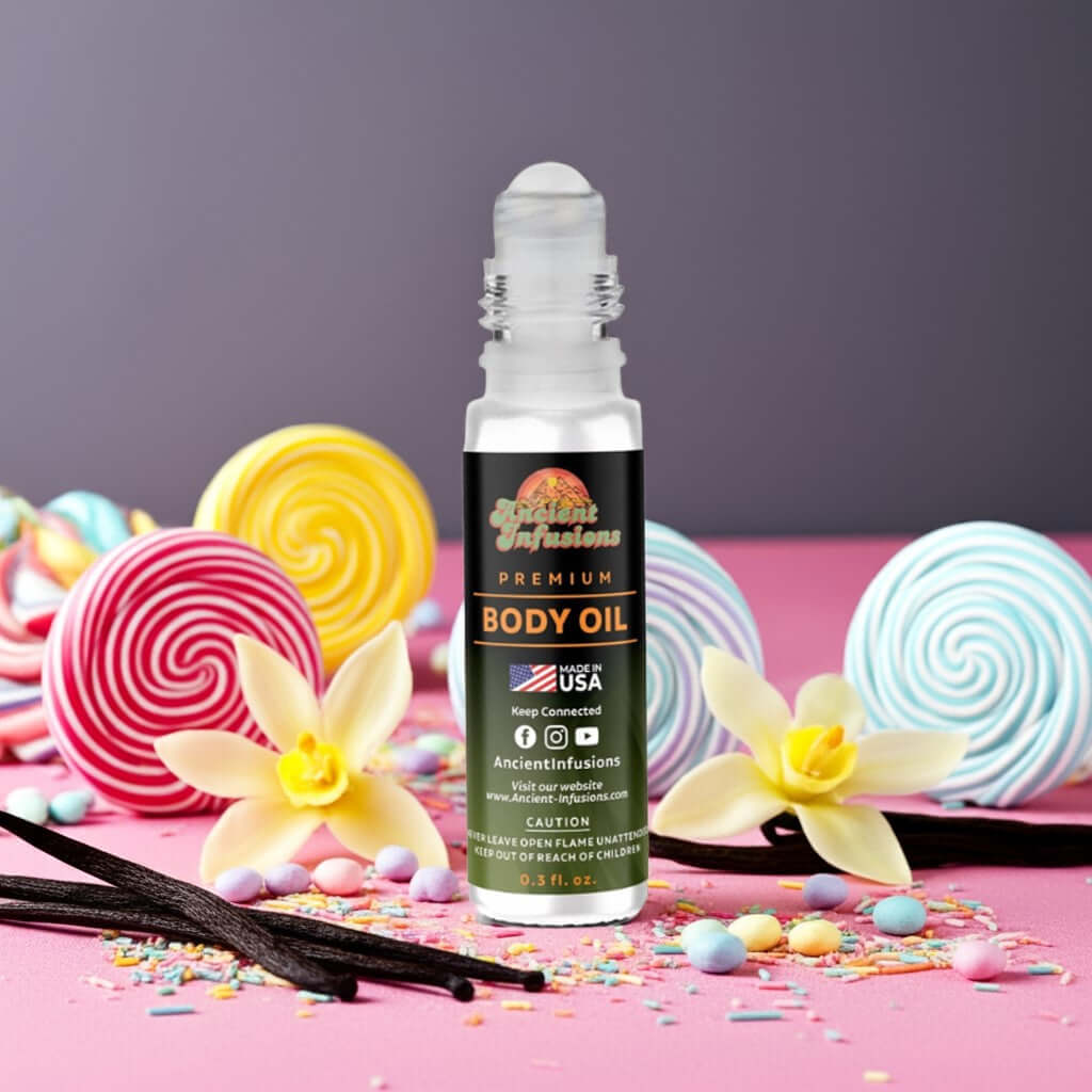 Pink Sugar body oil bottle standing upright on pastel pink platform with candy accents