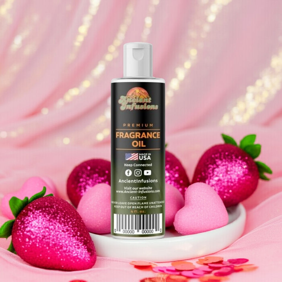 Fragrance oil bottle with decorative strawberries on a pink background