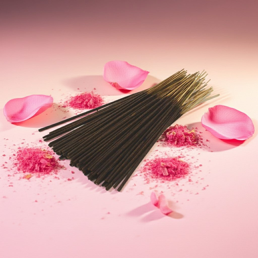 Pink Sugar Incense Sticks with a pink ribbon on a pink surface with flowers and petals.