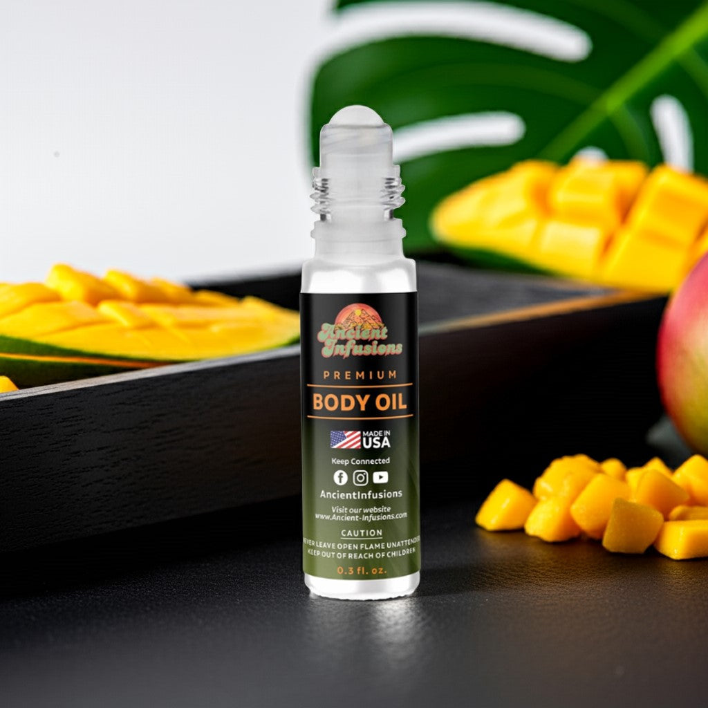 Polo Black inspired body oil standing on sleek black wood with clean, minimalist background