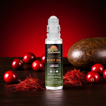 Polo Red inspired body oil standing upright on wood with red accents and amber notes