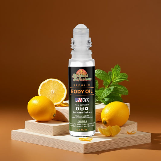 Polo Sport Body oil bottle with lemons and mint leaves on a wooden platform against a brown background