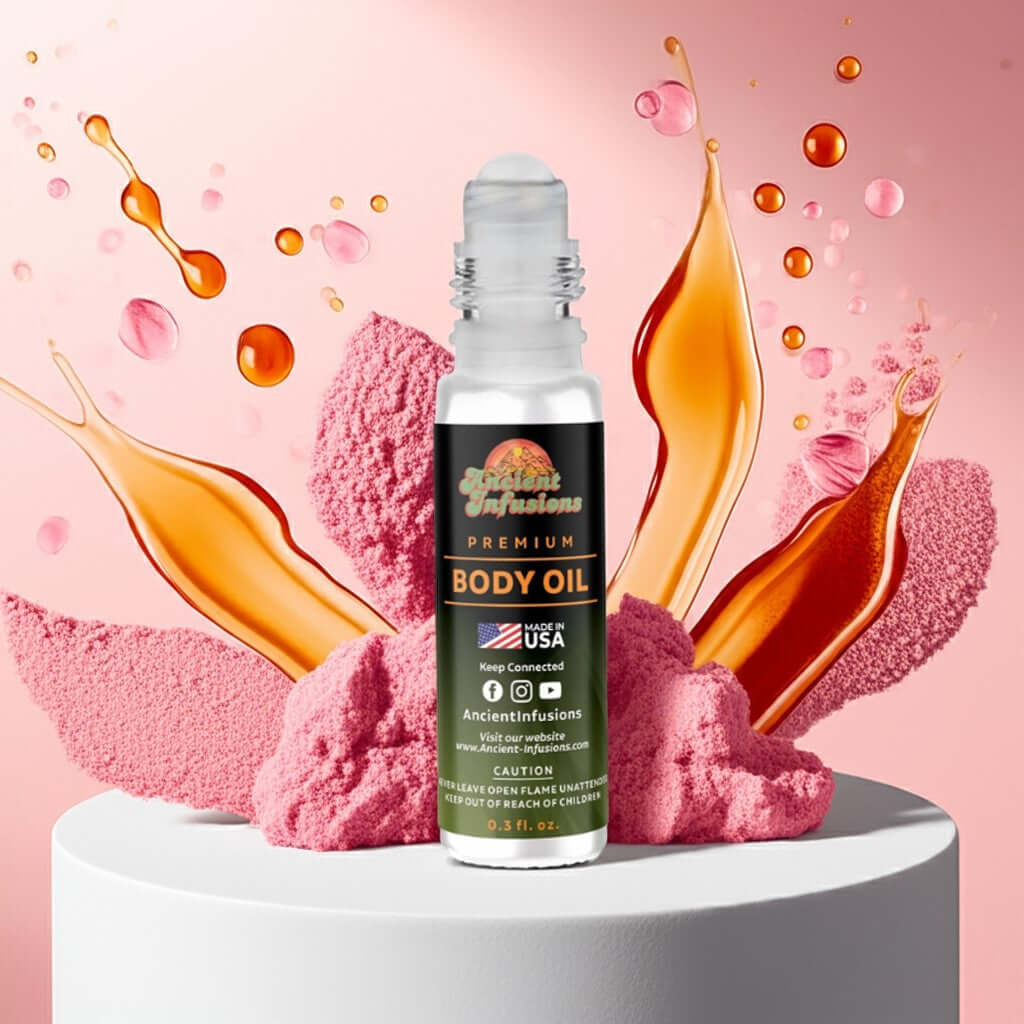 Bottle of Prada Candy Inspired Body Oil with pink and amber design elements