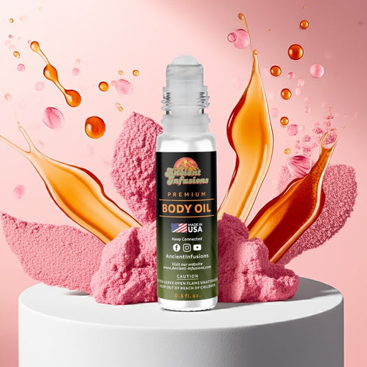 Prada Candy inspired body oil bottle standing on pastel platform with sweet caramel and powder accents