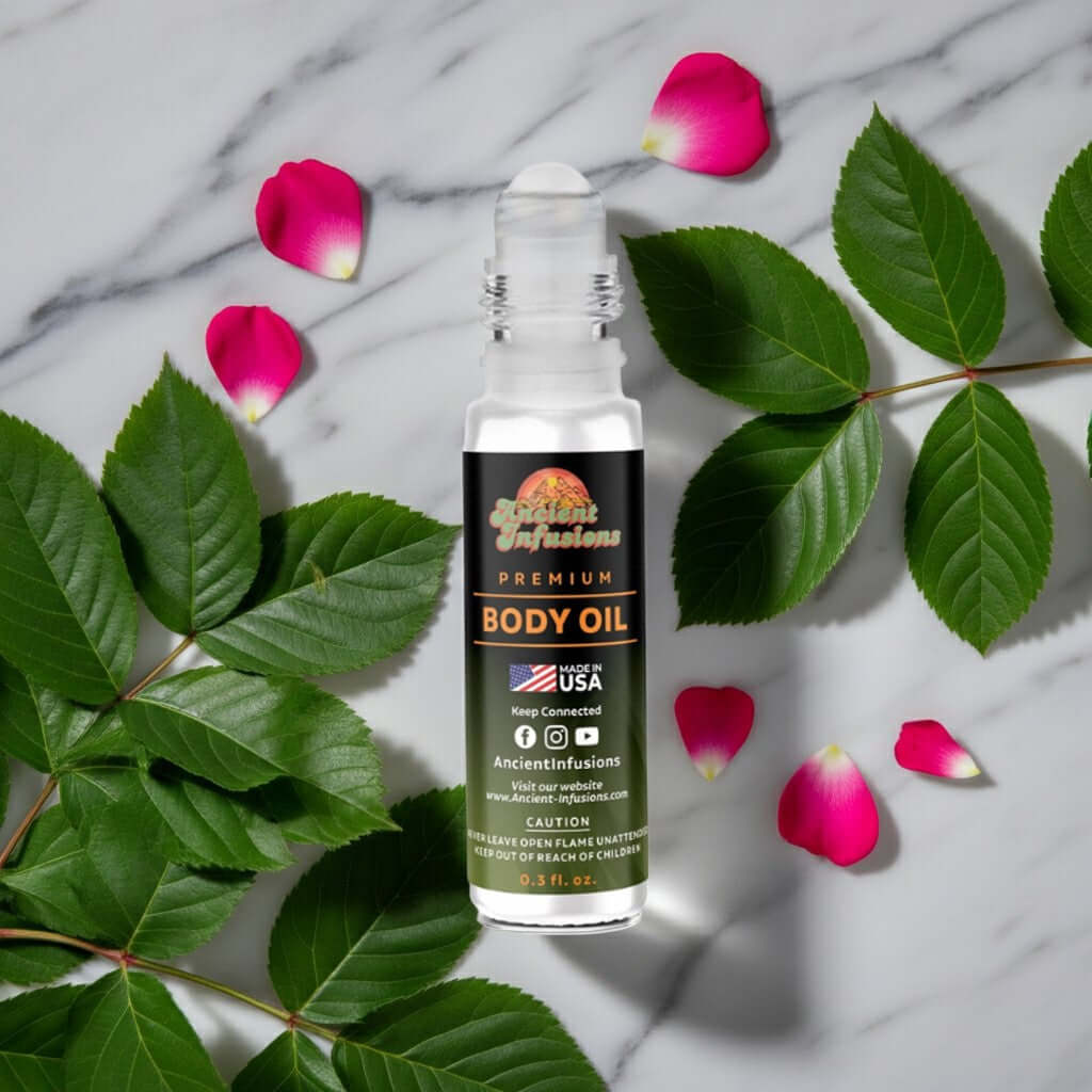 Prada Paradigme Inspired Body Oil with floral essence and lush leaves on a marble surface.