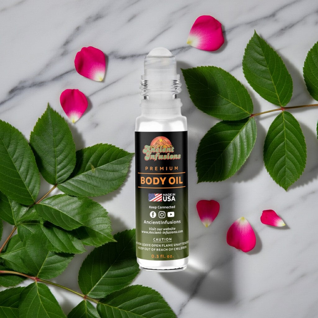 Prada Paradigme Inspired Body Oil with floral essence and lush leaves on a marble surface.