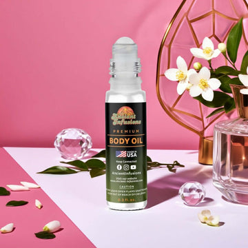 Prada Paradoxe Inspired Body Oil bottle with floral elements on pink background showcasing luxury skincare product.