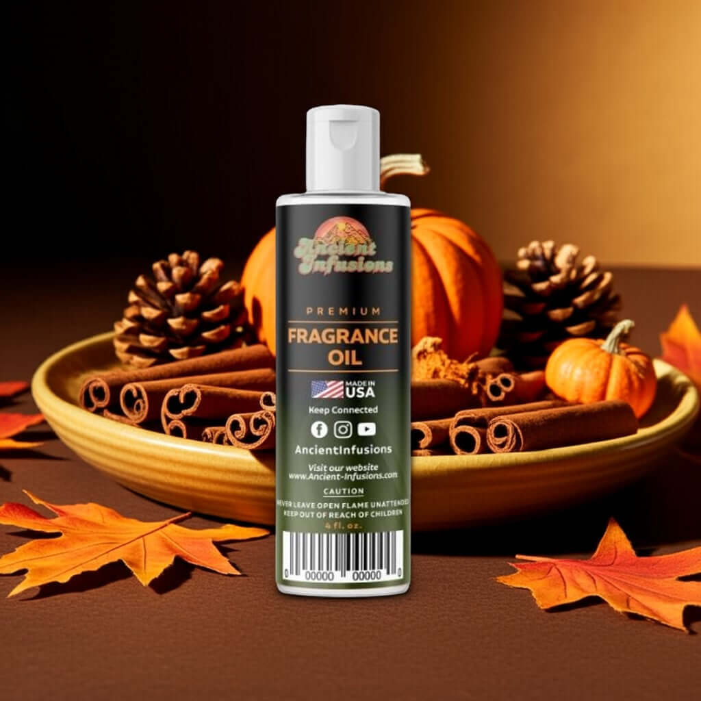 Pumpkin Spice Fragrance Oil with cinnamon and pumpkins, evokes warm, sweet, cozy autumn vibes in a premium fragrance bottle.