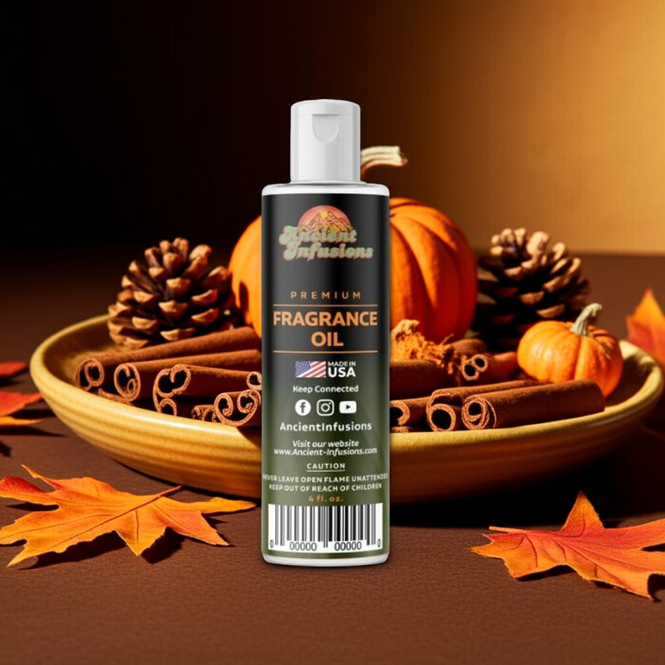 Bottle of Ancient Infusions fragrance oil with autumn-themed elements on a brown background