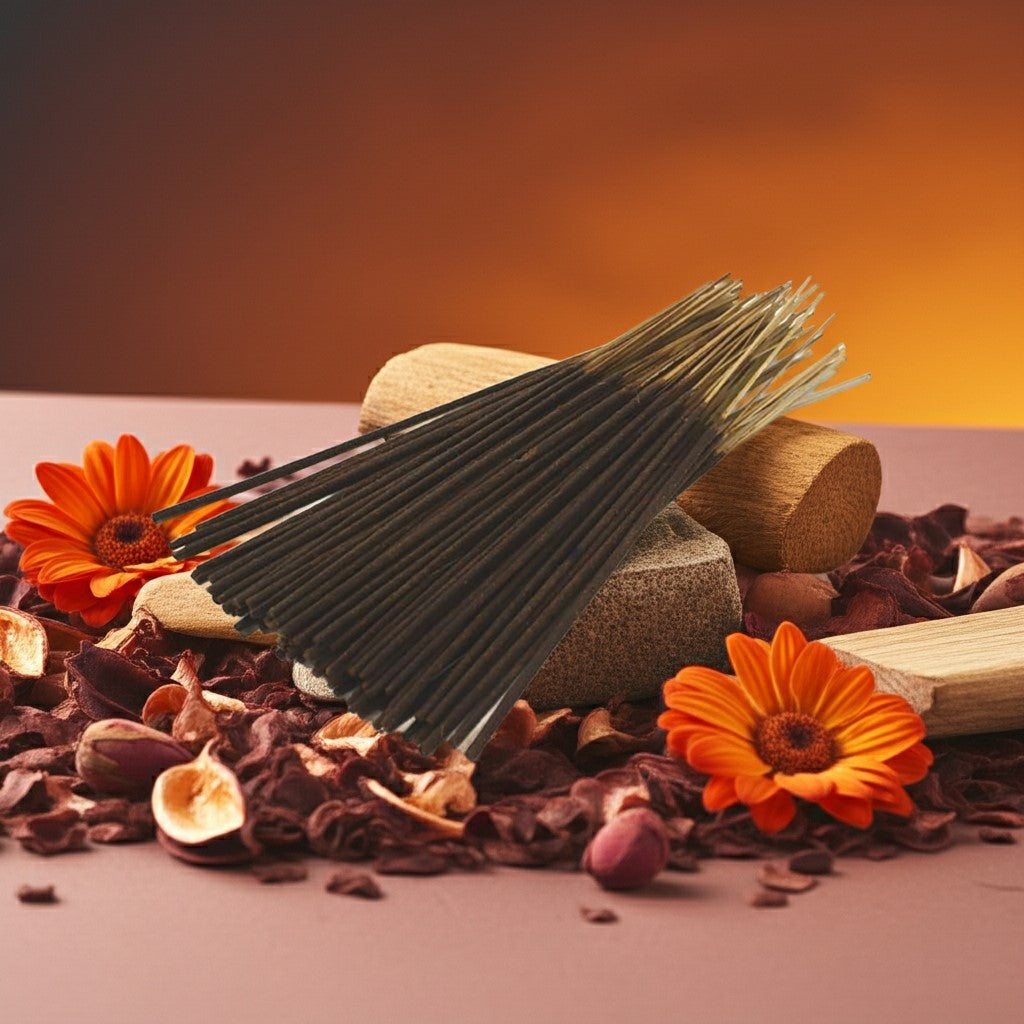 Pumpkin Spice Incense Sticks with a small container and orange flowers on a brown background