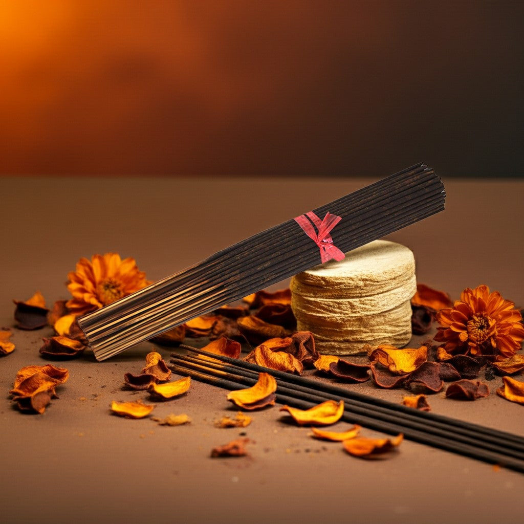 Pumpkin Spice Incense Sticks with a small container and orange flowers on a brown background