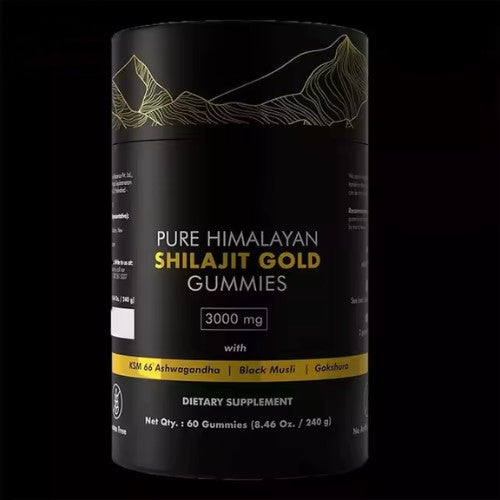 Black container of Pure Himalayan Shilajit Gold Gummies with gold text on a black background