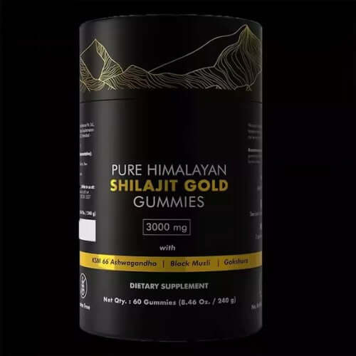 Black container of Pure Himalayan Shilajit Gummies with gold text on a black background