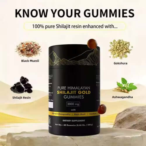Black container of Pure Himalayan Shilajit Gummies with ingredients displayed on a beige background