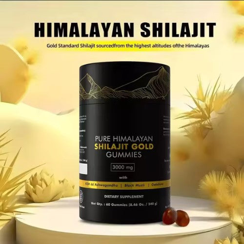 Black container of Pure Himalayan Shilajit Gold Gummies with yellow text on a decorative background