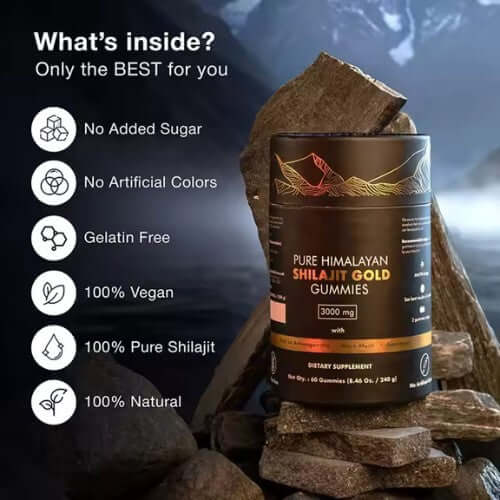 Pure Himalayan Shilajit Gummies packaging with shilajit pieces and mountain background