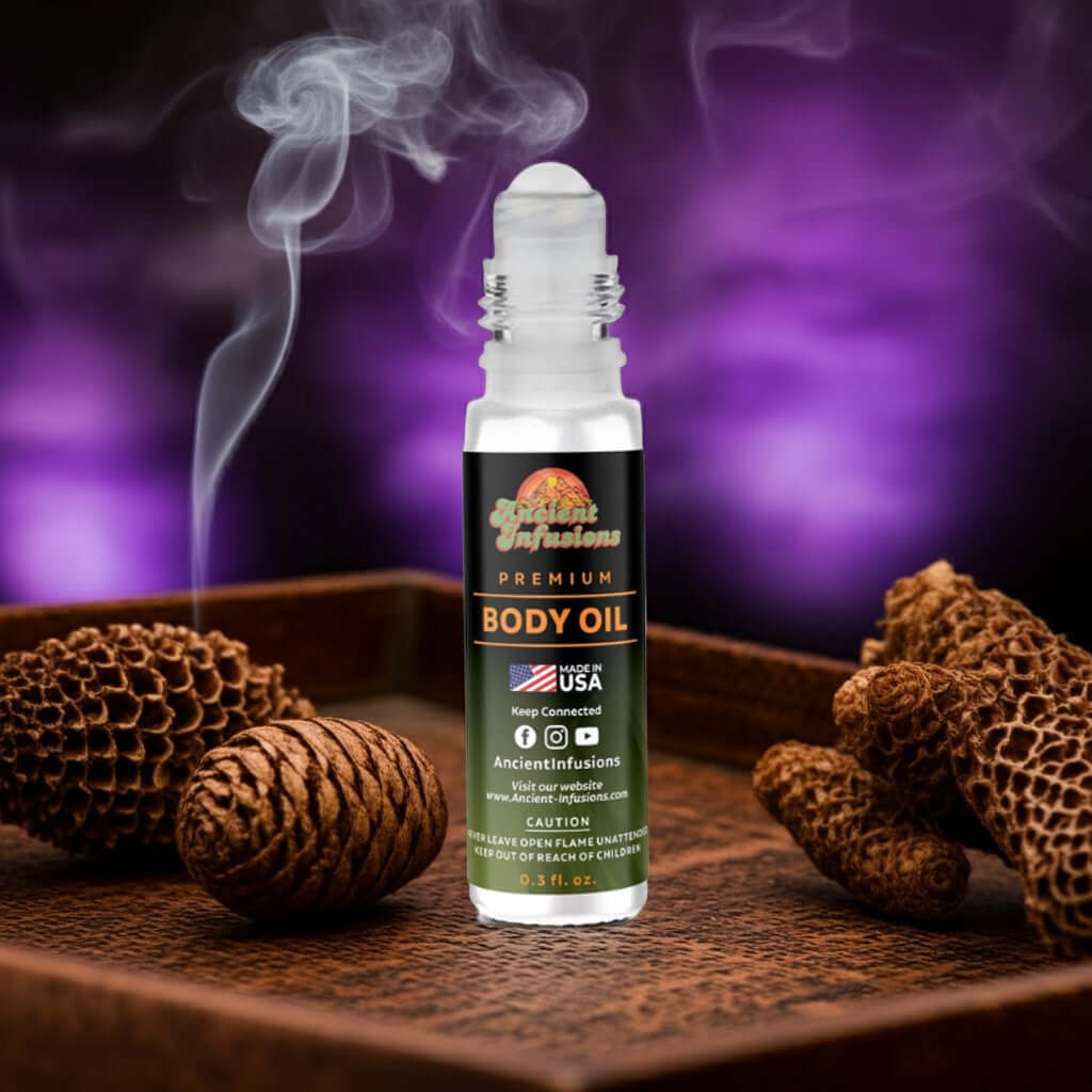 Purple Haze body oil roll-on bottle on wooden platform with incense and herbs