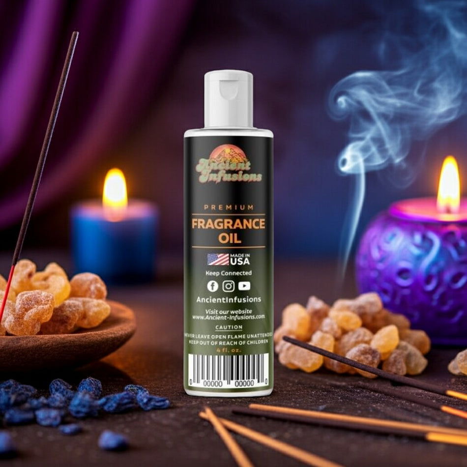 Purple Haze Fragrance Oil bottle with incense and candles, creating a mysterious and calming atmosphere.