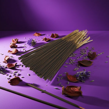 Purple Haze Incense Sticks with dried lavender flowers on a purple background