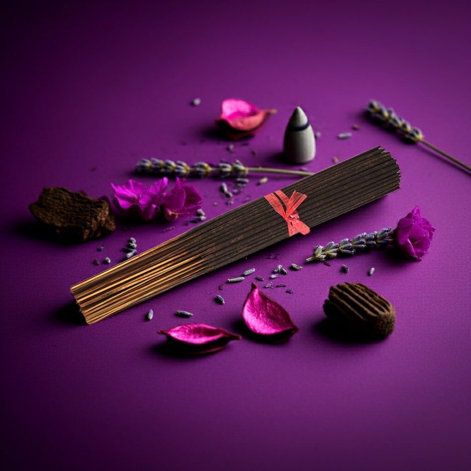 Purple Haze Incense Sticks with a red label on a purple background with flowers and incense cones.