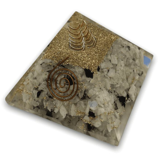 Rainbow Moonstone Orgone Pyramid for intuition and emotional balance.