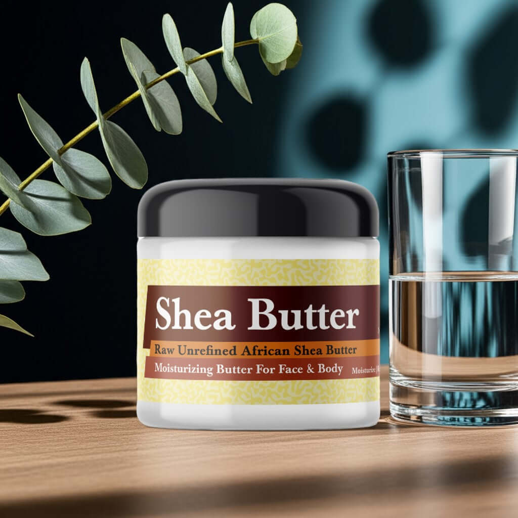 Acqua di Gio Inspired Scented Shea Butter jar on a wooden surface with eucalyptus and glass of water.