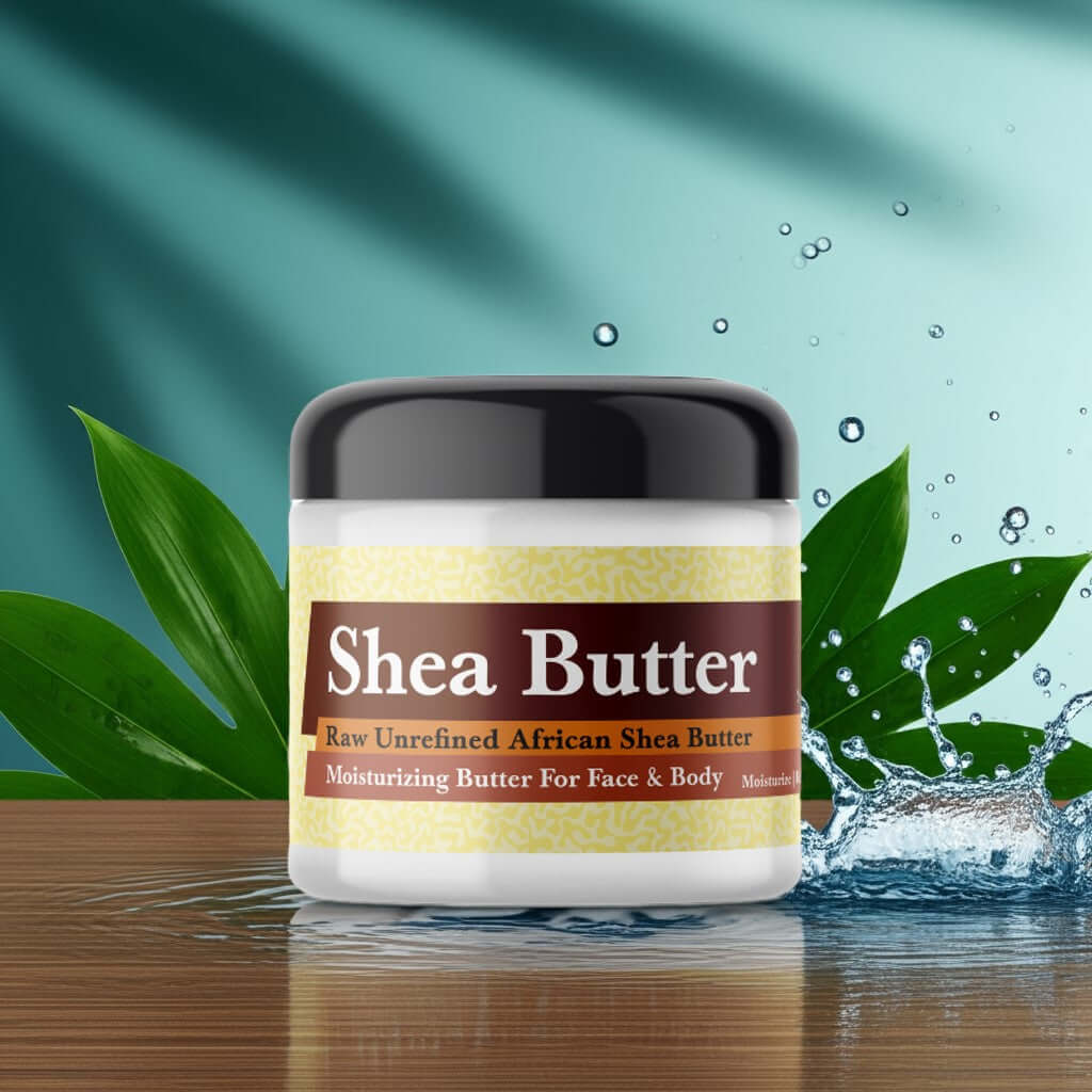 A&F First Instinct Blue Inspired Scented Shea Butter jar on a wooden surface with water splash and green leaves background.