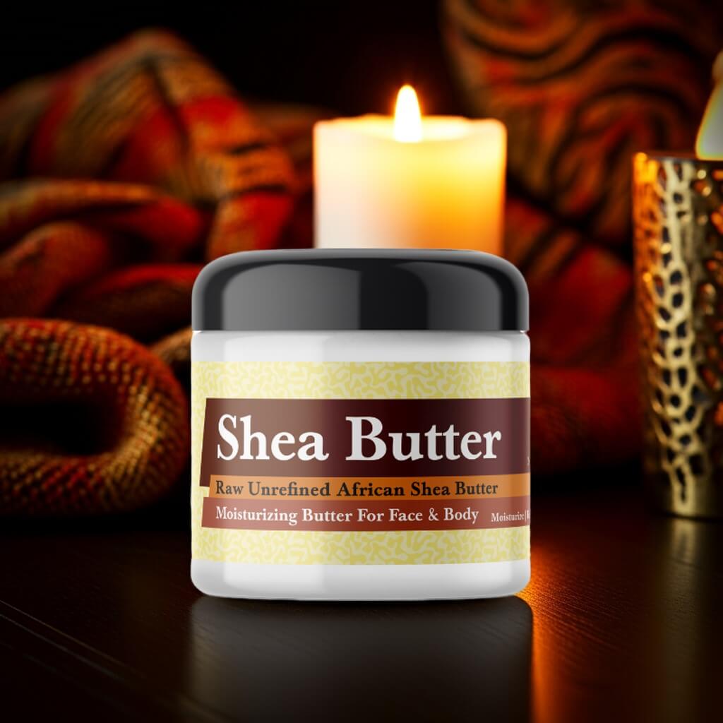 African Fantasy Scented Shea Butter jar with candle and warm background