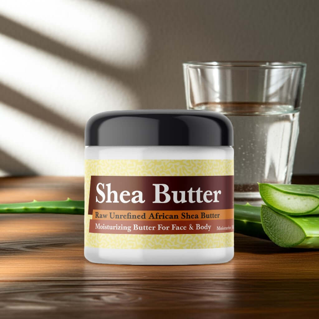 Aloe Vera Scented Shea Butter jar with aloe plant and glass of water on wooden table
