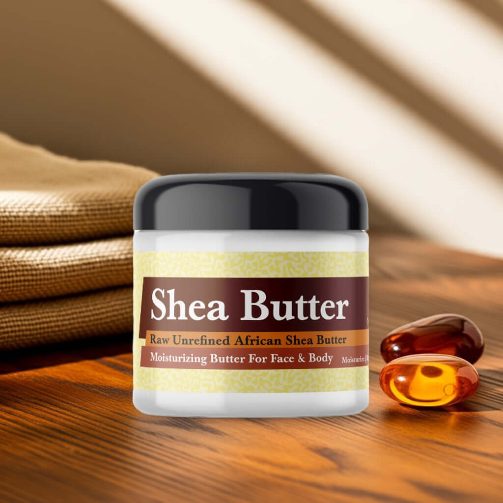 Amber Scented Shea Butter jar on wooden table with amber capsules nearby.