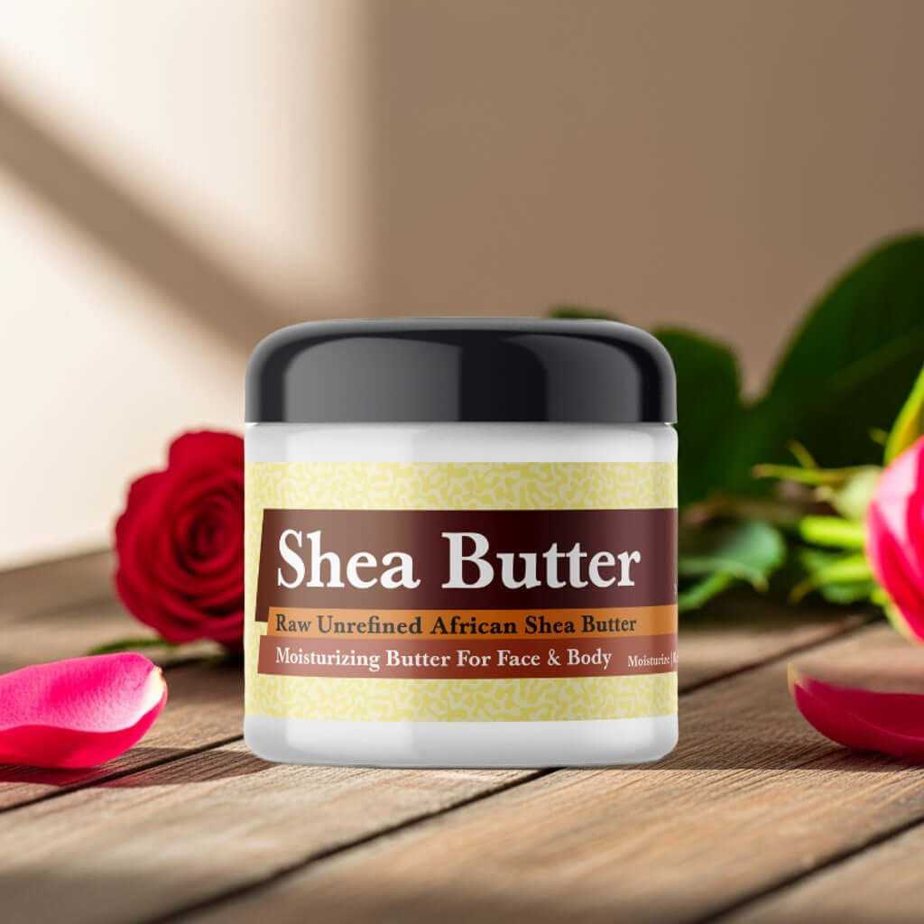 Mugler Angel Inspired Scented Shea Butter in a jar on a wooden table with roses