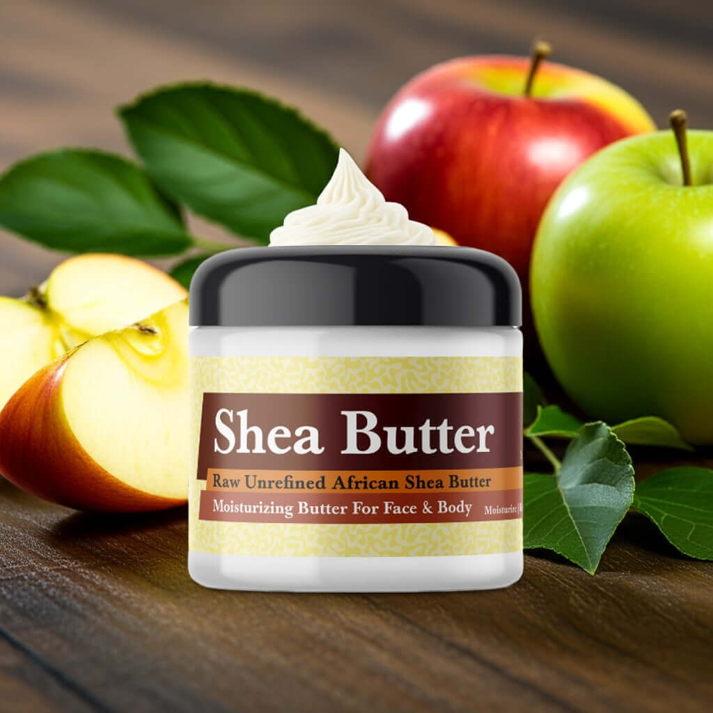 Apple Fantasy Scented Shea Butter surrounded by fresh apples for moisturizing skin care