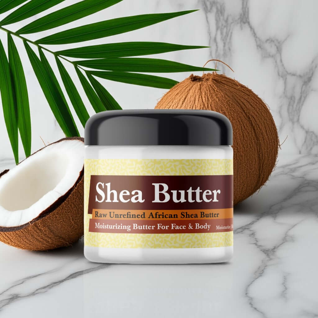 Black Coconut Scented Shea Butter with natural ingredients in a jar beside coconuts and palm leaves on a marble surface.