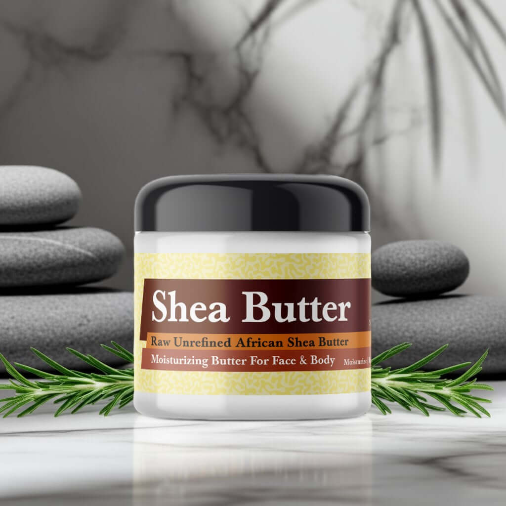 Bleu de Chanel Inspired Scented Shea Butter jar with calming spa stones and greenery backdrop