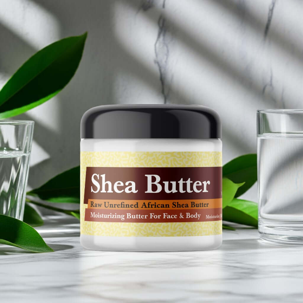 Blue Nile Scented Shea Butter jar with natural leaf background, showcasing moisturizing benefits for face and body.