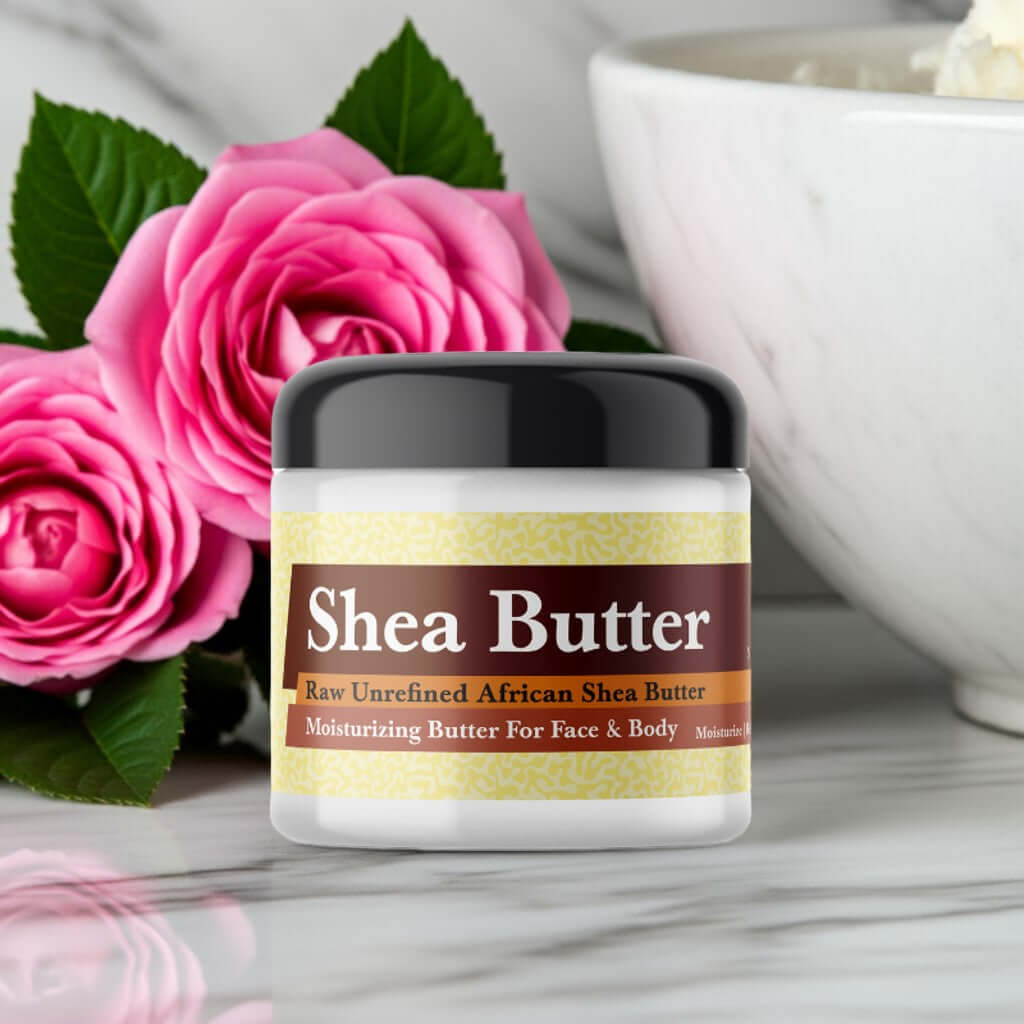 Victorias Secret Bombshell Inspired Scented Shea Butter jar beside pink roses.