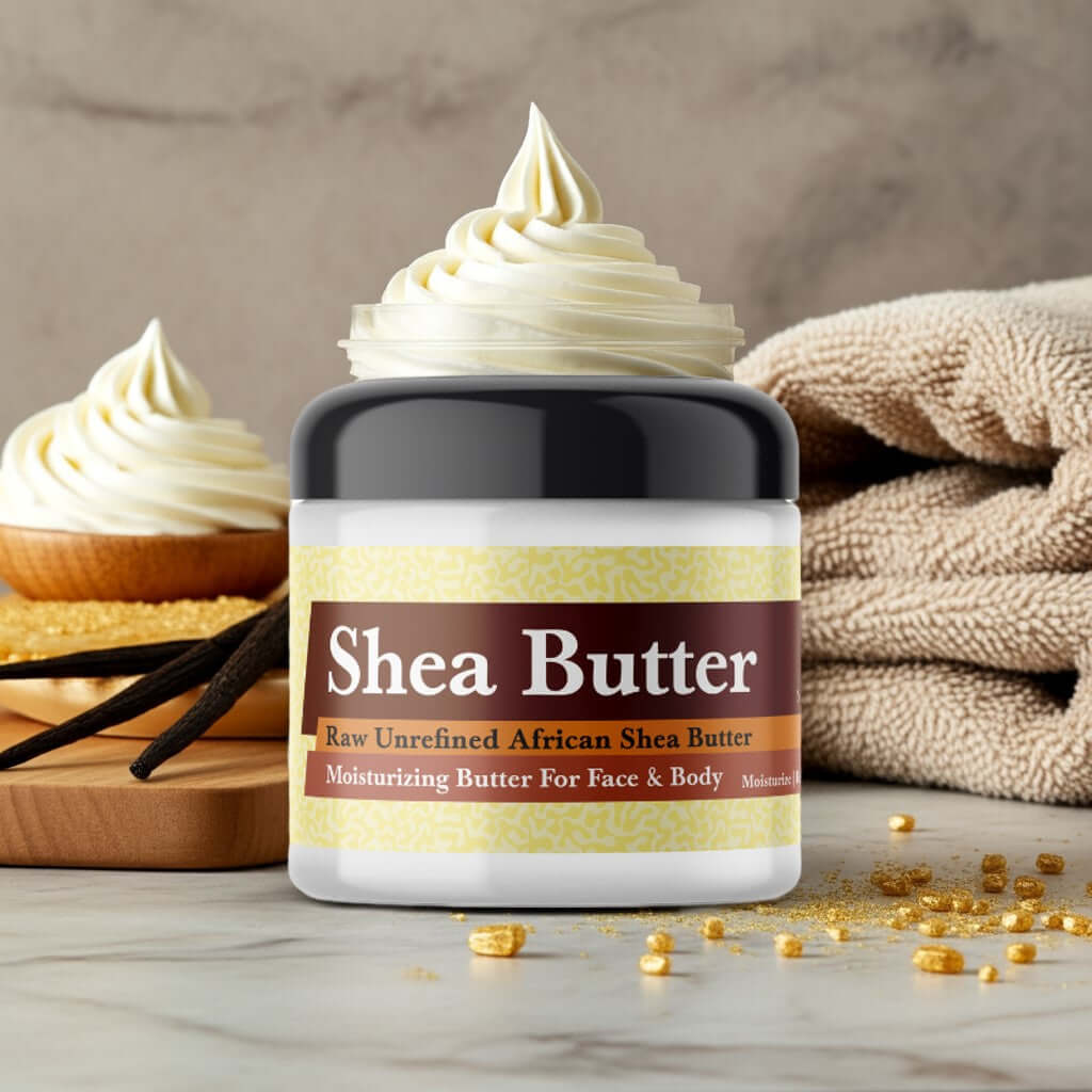 Butter Cream Scented Shea Butter jar with vanilla and towels in the background, showcasing organic skincare product.