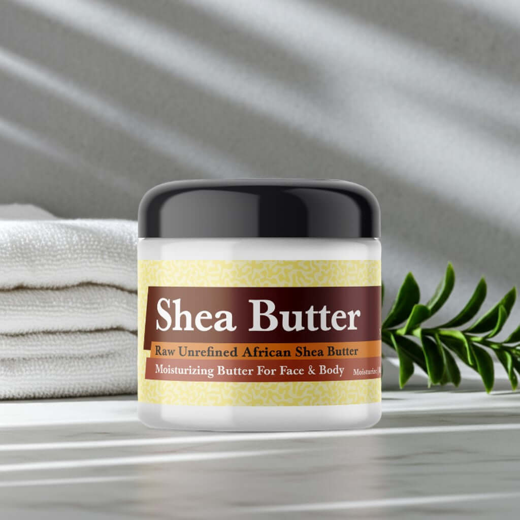 Jar of China Musk Scented Shea Butter on marble counter with towels and greenery, offering moisturizing benefits for face and body.