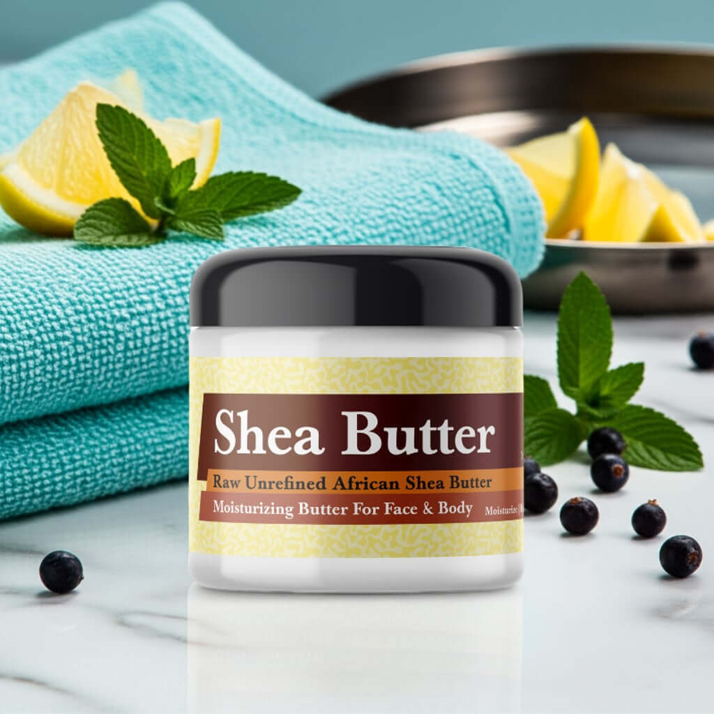 Creed Royal Water Inspired Scented Shea Butter jar on bathroom counter with lemons and mint leaves.