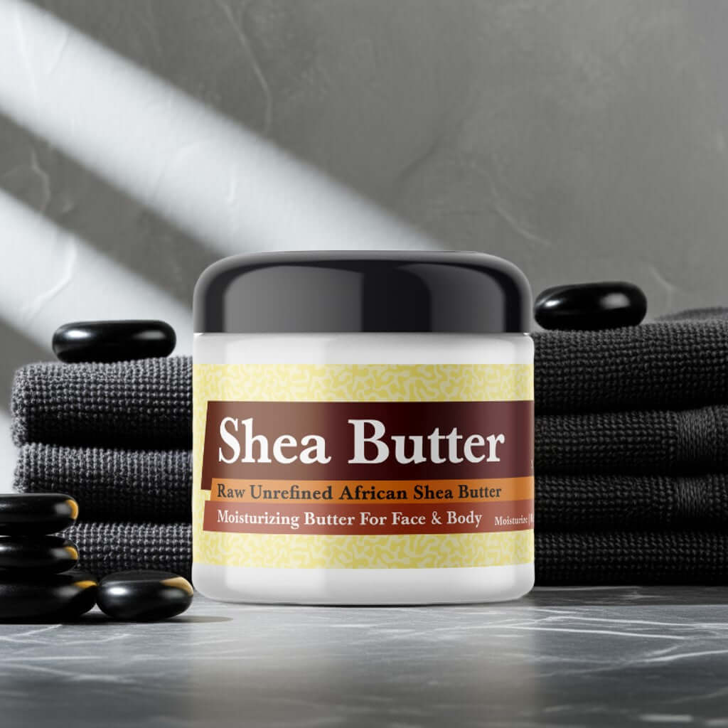 Container of Diesel Only The Brave For Men Inspired Scented Shea Butter on a spa setting with stones and towels in the background.