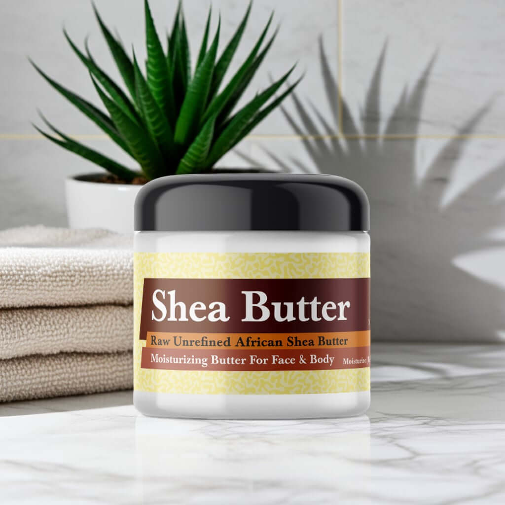 Jar of Egyptian Musk Scented Shea Butter on bathroom counter, aloe plant in background.