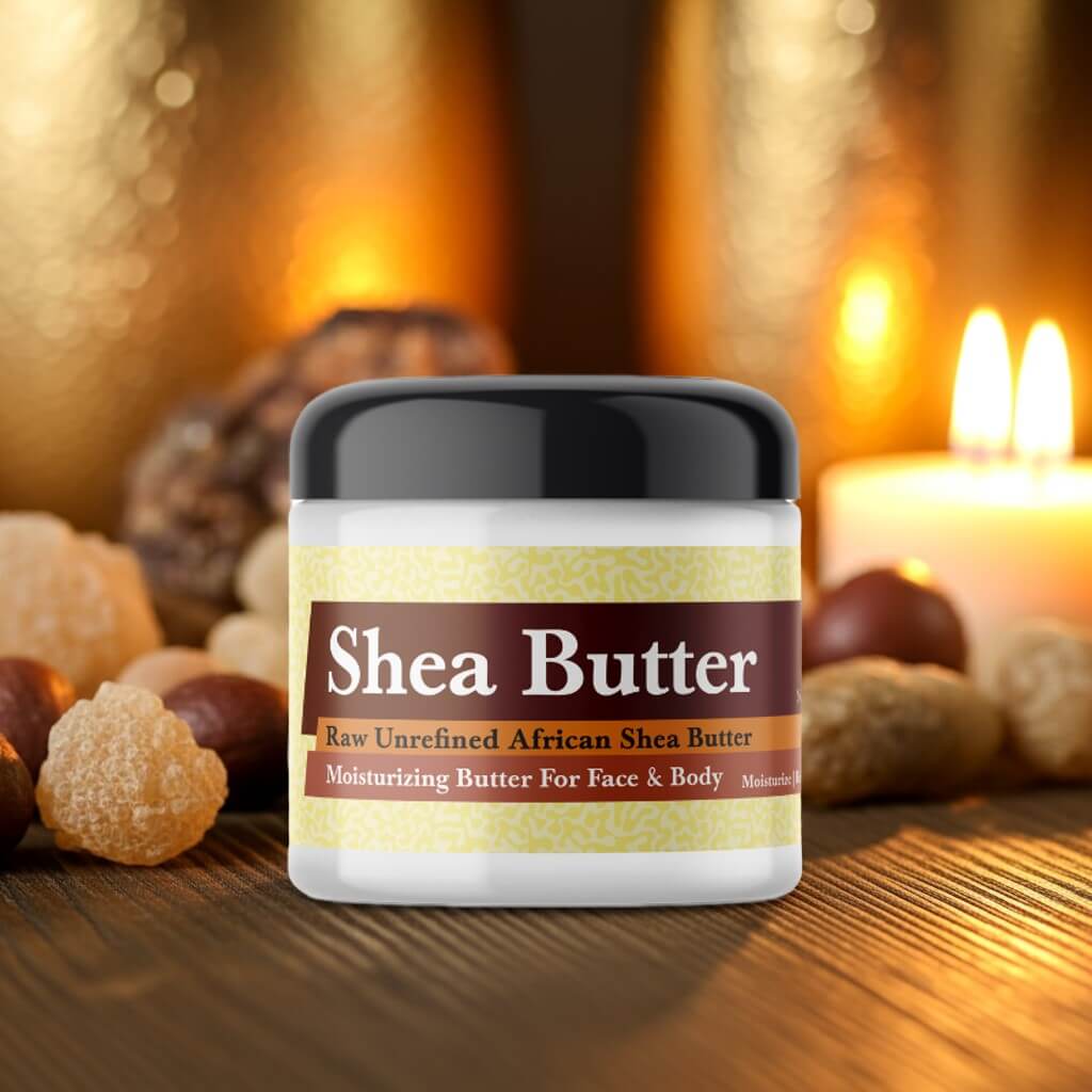 Frankincense Scented Shea Butter jar with African shea butter, candles, and nuts for deep skin hydration and a radiant glow.
