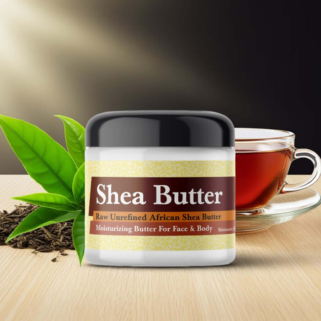 Jar of Green Tea Scented Shea Butter with tea and leaves