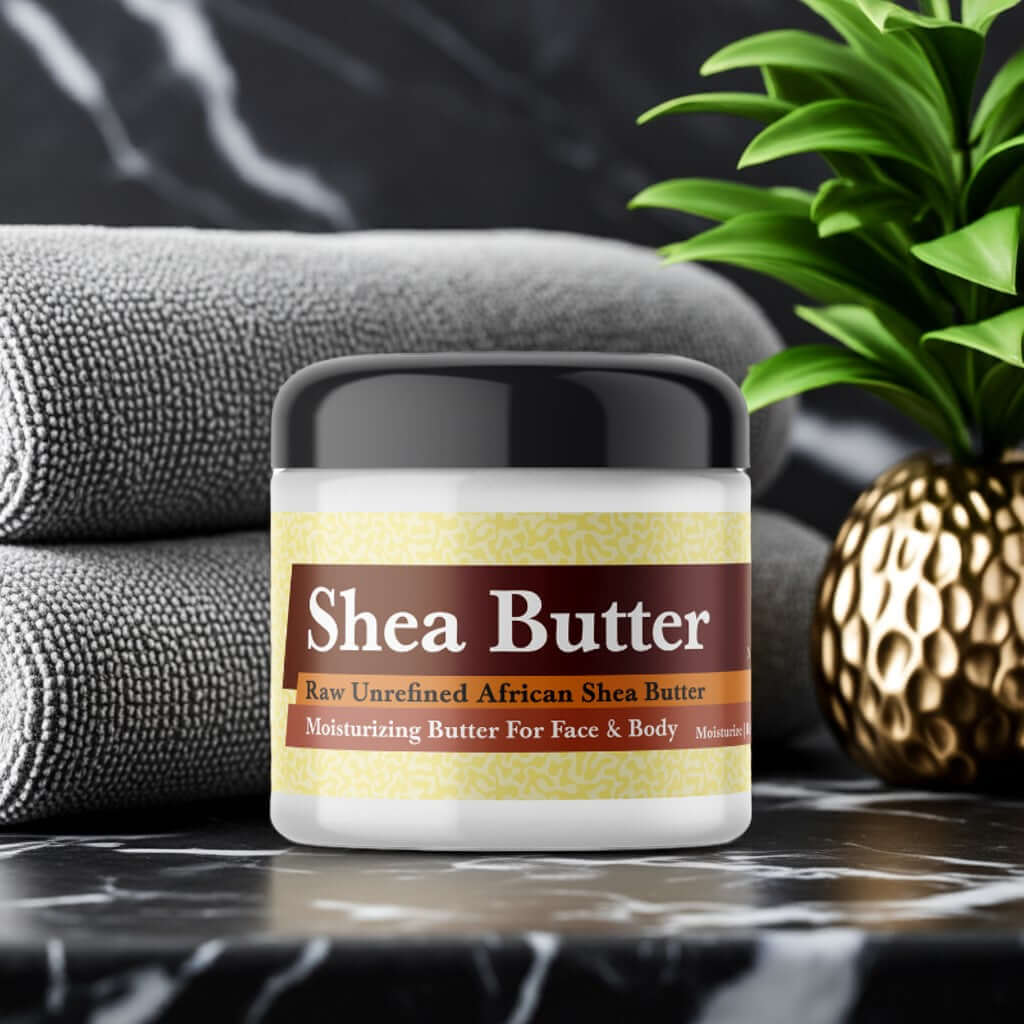 Gucci Guilty Platinum Inspired Scented Shea Butter jar on a marble counter with gray towels and a pineapple decor.