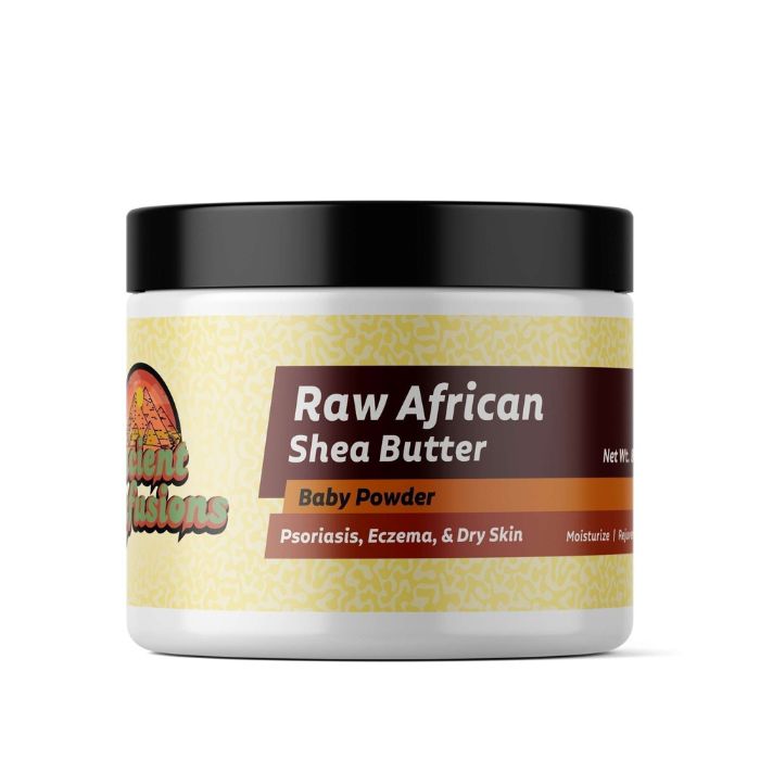 Raw African shea butter benefits for skin and hair, featuring the classic and delicate Baby Powder scent.