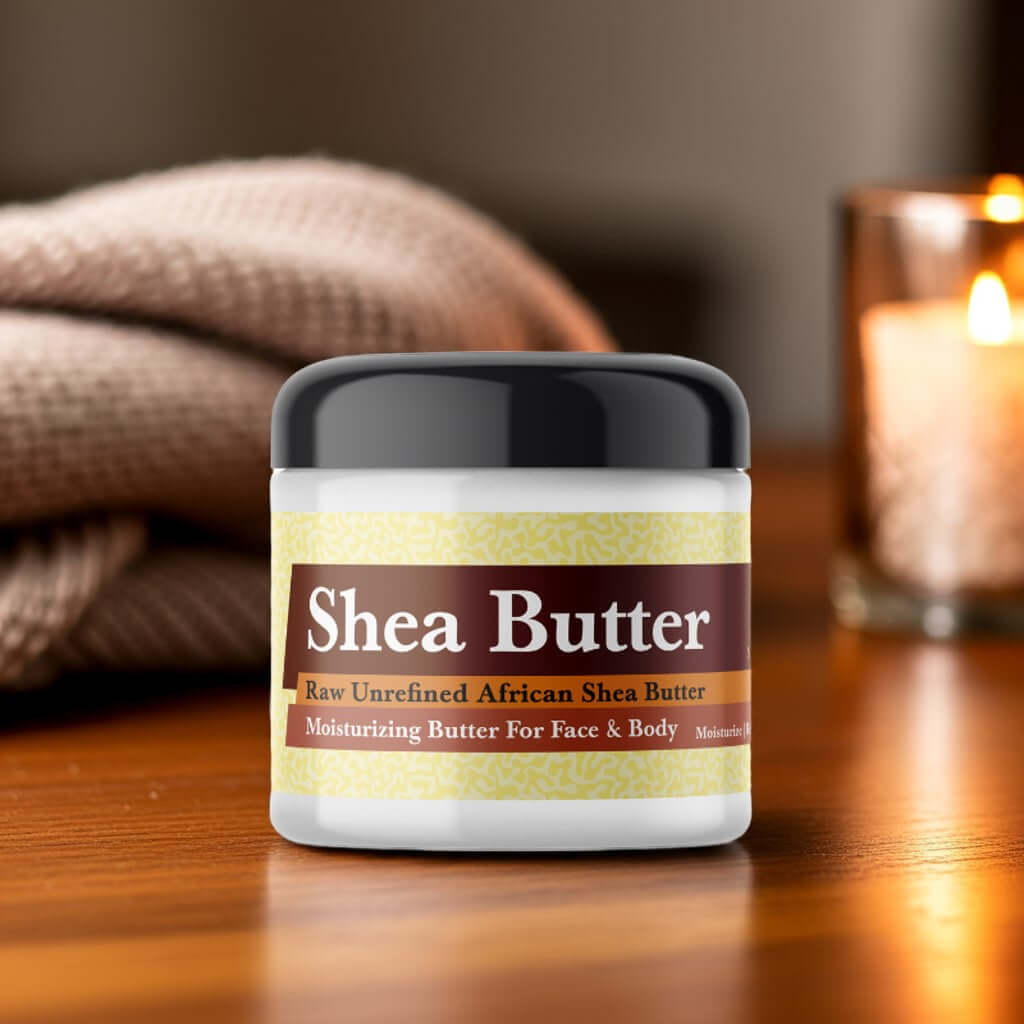 Hug My Neck Scented Shea Butter jar with candle and blanket in background