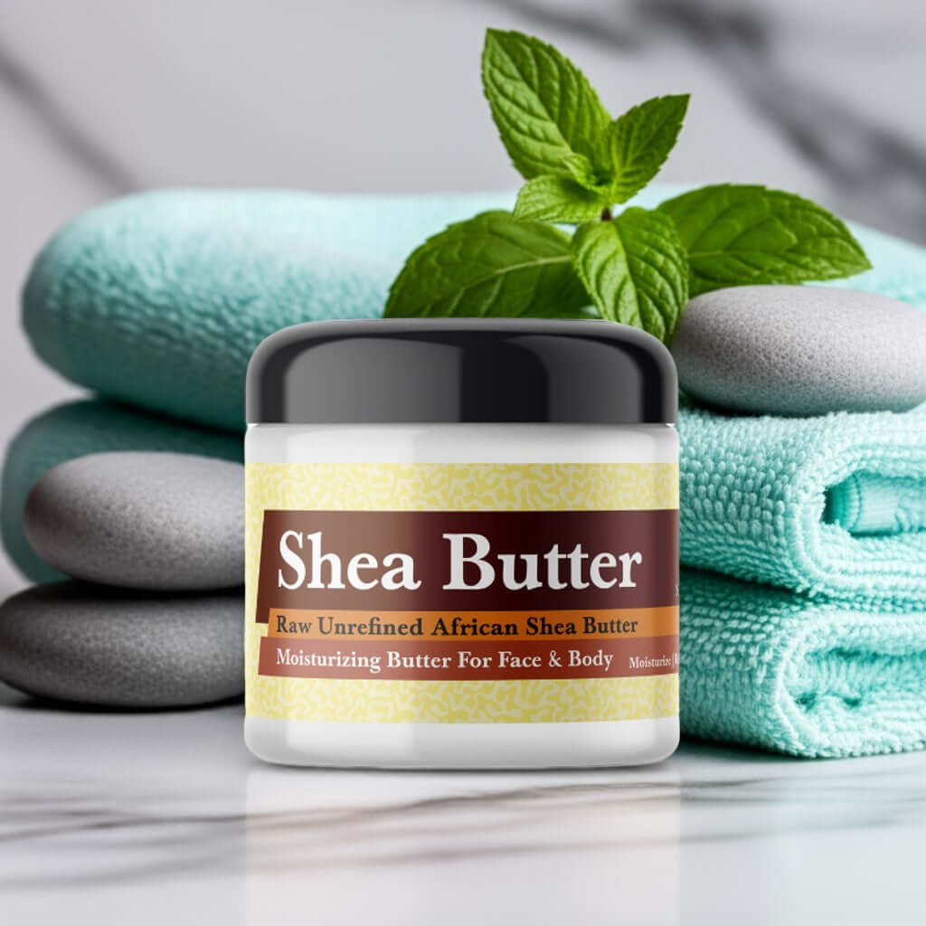 Iceberg Inspired Scented Shea Butter jar with mint and towels