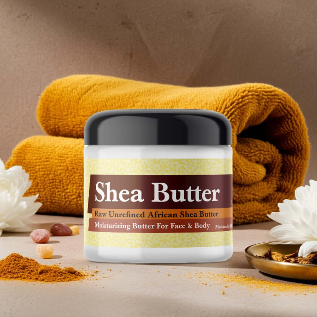 Imported Golden Sand Scented Shea Butter in jar with golden towel and flowers